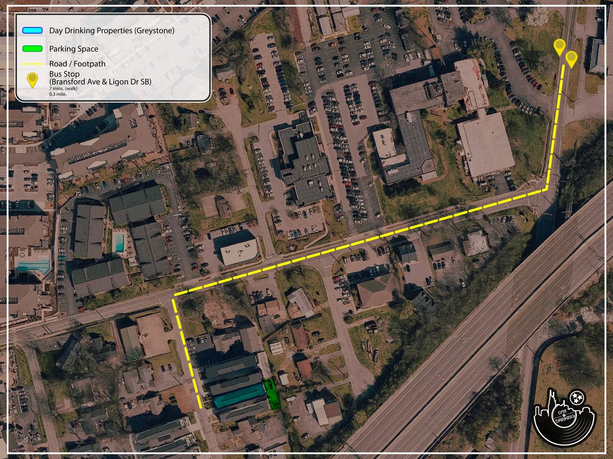 This view shows the designated parking spaces at the property, the surrounding roads, footpaths, and a nearby bus stop. The setting provides a clear sense of the accessible and convenient parking situation, as well as the safe, neighborhood environment ideal for walks.