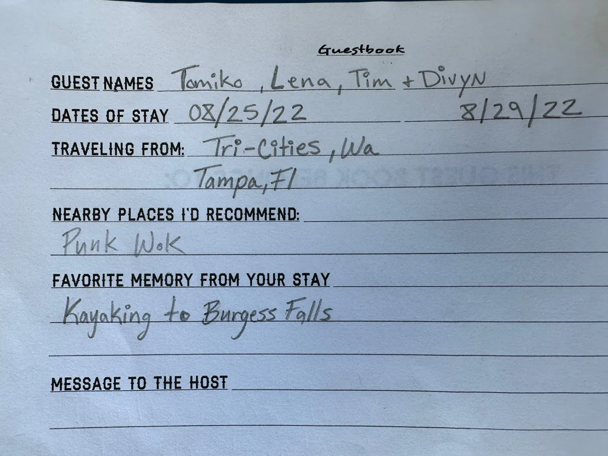 A nostalgic guestbook open to handwritten entries, capturing personal stories, recommendations, and memories from past visitors. The warm, friendly mood highlights real-life experiences, including planning local adventures and creating lasting memories with family.